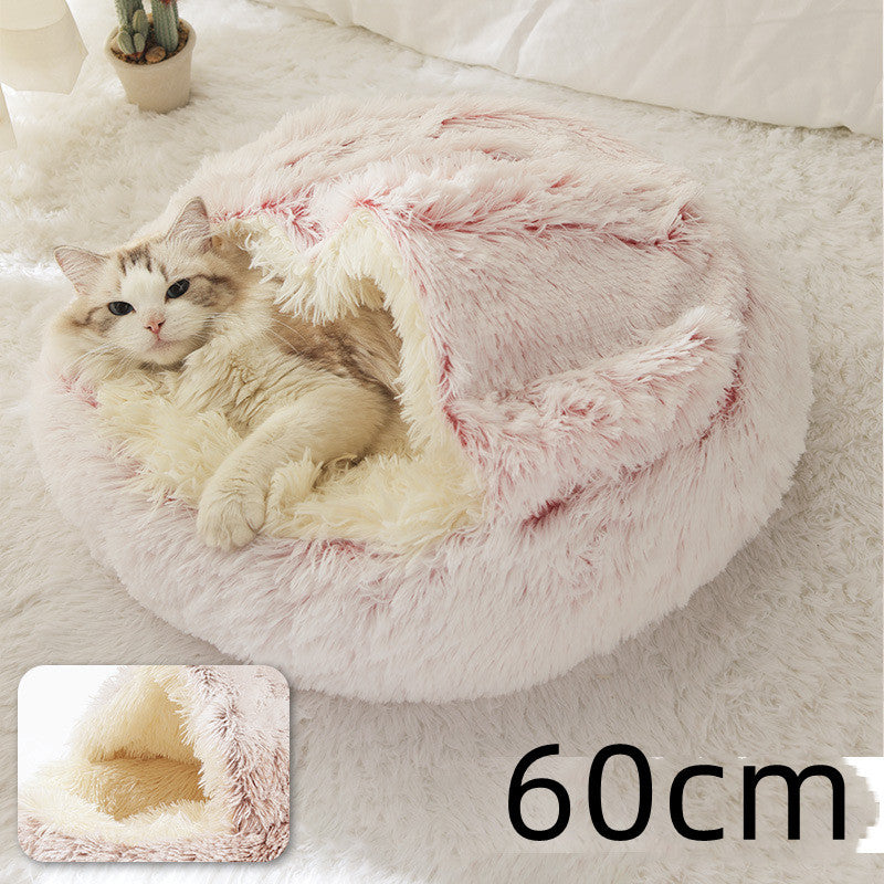 Lit 2 en 1 pour chien et chat - Lit d'hiver rond en peluche chaud pour animaux de compagnie - Lit doux et long en peluche pour animaux de compagnie